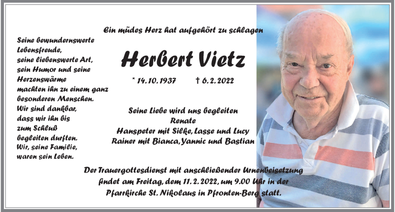  Traueranzeige für Herbert Vietz vom 09.02.2022 aus Allgäuer Zeitung, Füssen