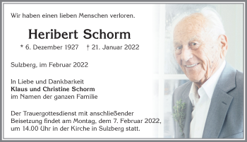 Traueranzeige von Heribert Schorm von Allgäuer Zeitung,Kempten