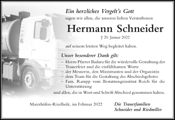 Traueranzeige von Hermann Schneider von Der Westallgäuer