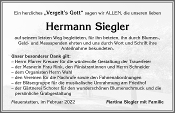 Traueranzeige von Hermann Siegler von Allgäuer Zeitung, Kaufbeuren/Buchloe