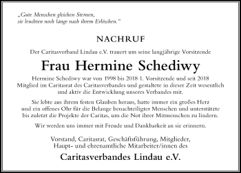 Traueranzeige von Hermine Schediwy von Der Westallgäuer