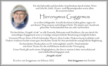 Traueranzeige von Hieronymus Guggemos von Allgäuer Zeitung, Füssen