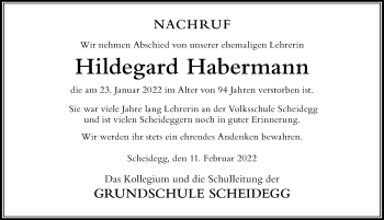 Traueranzeige von Hildegard Habermann von Der Westallgäuer