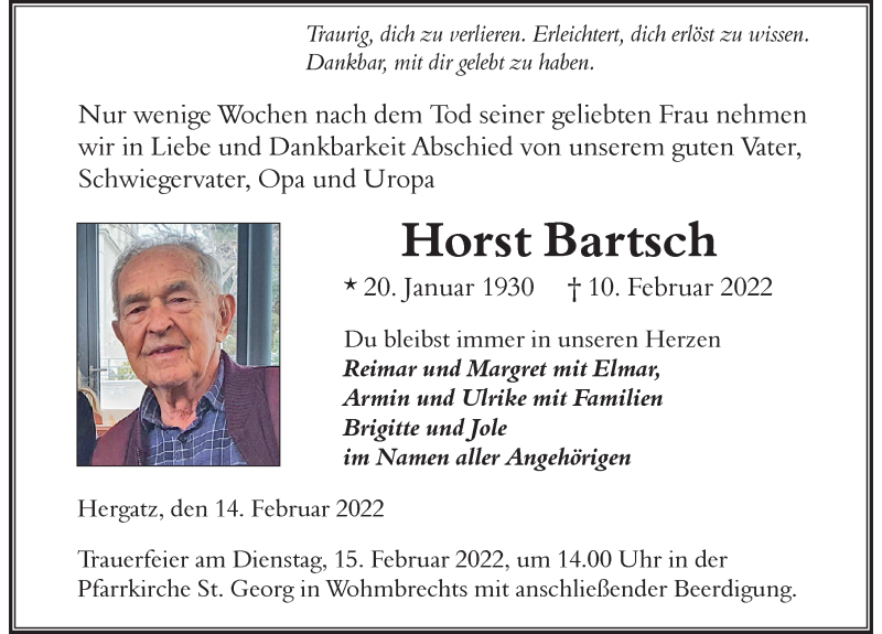  Traueranzeige für Horst Bartsch vom 14.02.2022 aus Der Westallgäuer