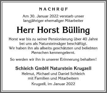 Traueranzeige von Horst Bülling von Allgäuer Zeitung,Kempten