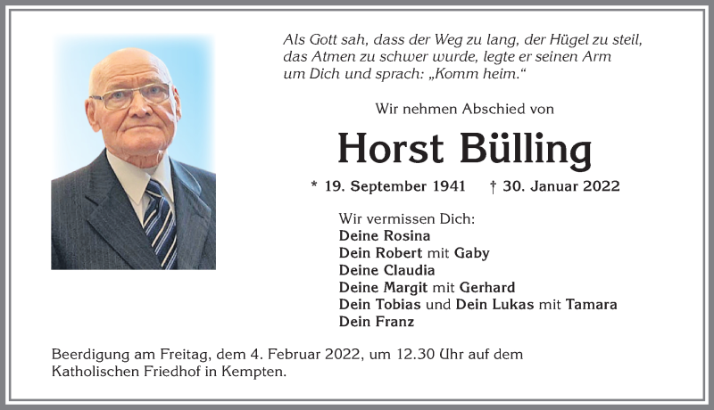  Traueranzeige für Horst Bülling vom 02.02.2022 aus Allgäuer Zeitung,Kempten
