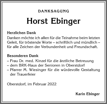 Traueranzeige von Horst Ebinger von Allgäuer Anzeigeblatt