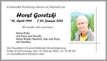 Traueranzeige von Horst Goretzki von Allgäuer Zeitung,Kempten