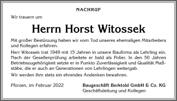 Traueranzeige von Horst Witossek von Allgäuer Zeitung, Kaufbeuren/Buchloe