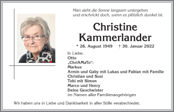 Traueranzeige von Christine Kammerlander von Allgäuer Zeitung,Kempten