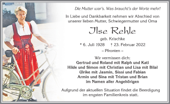 Traueranzeige von Ilse Rehle von Allgäuer Zeitung, Füssen