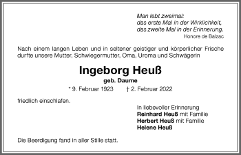 Traueranzeige von Ingeborg Heuß von Memminger Zeitung