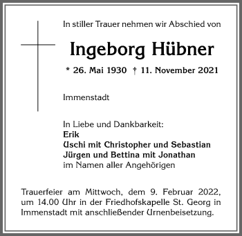Traueranzeige von Ingeborg Hübner von Allgäuer Anzeigeblatt