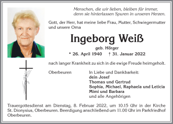 Traueranzeige von Ingeborg Weiß von Allgäuer Zeitung, Kaufbeuren/Buchloe