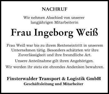 Traueranzeige von Ingeborg Weiß von Allgäuer Zeitung, Kaufbeuren/Buchloe