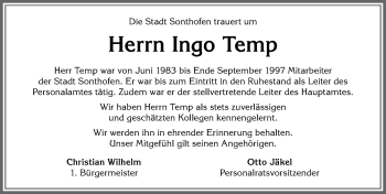 Traueranzeige von Ingo Temp von Allgäuer Anzeigeblatt