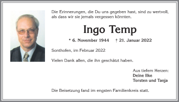 Traueranzeige von Ingo Temp von Allgäuer Anzeigeblatt