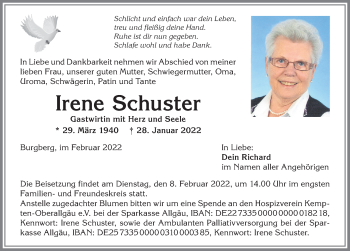 Traueranzeige von Irene Schuster von Allgäuer Anzeigeblatt