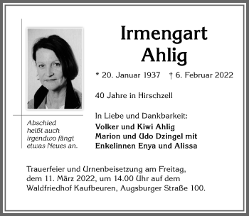 Traueranzeige von Irmengart Ahlig von Allgäuer Zeitung, Kaufbeuren/Buchloe