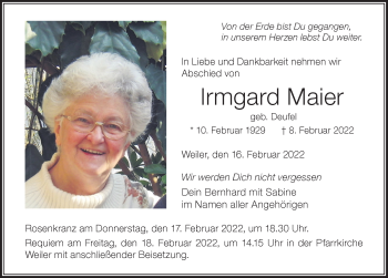 Traueranzeige von Irmgard Maier von Der Westallgäuer