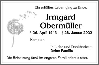 Traueranzeige von Irmgard Obermüller von Allgäuer Zeitung,Kempten