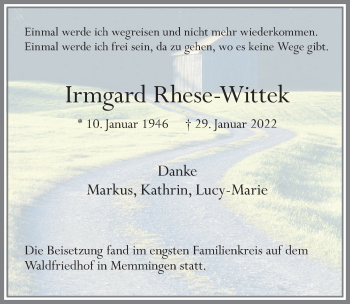 Traueranzeige von Irmgard Rhese-Wittek von Memminger Zeitung