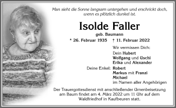 Traueranzeige von Isolde Faller von Allgäuer Zeitung, Kaufbeuren/Buchloe