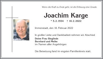Traueranzeige von Joachim Karge von Allgäuer Anzeigeblatt
