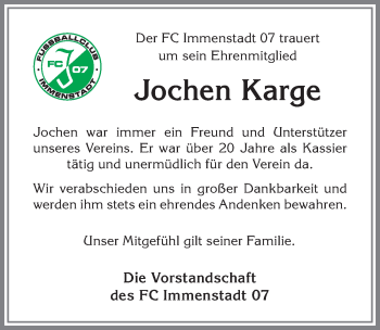 Traueranzeige von Jochen Karge von Allgäuer Anzeigeblatt