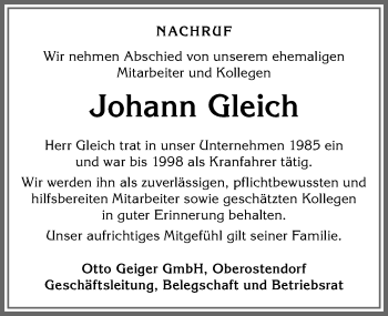 Traueranzeige von Johann Gleich von Allgäuer Zeitung, Kaufbeuren/Buchloe