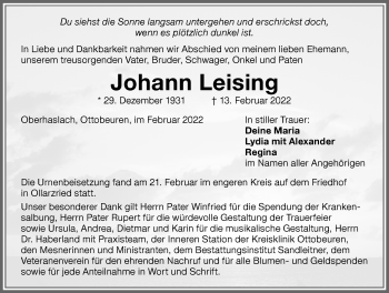 Traueranzeige von Johann Leising von Memminger Zeitung
