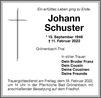 Traueranzeige von Johann Schuster von Memminger Zeitung