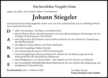 Traueranzeige von Johann Stiegeler von Memminger Zeitung