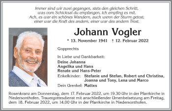 Traueranzeige von Johann Vogler von Allgäuer Anzeigeblatt
