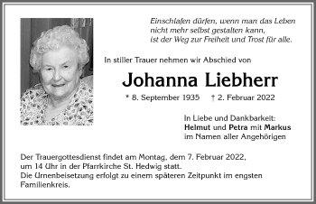 Traueranzeige von Johanna Liebherr von Allgäuer Zeitung,Kempten