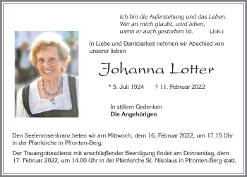 Traueranzeige von Johanna Lotter von Allgäuer Zeitung, Füssen