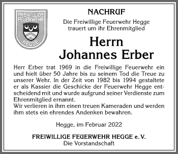 Traueranzeige von Johannes Erber von Allgäuer Zeitung,Kempten