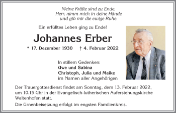 Traueranzeige von Johannes Erber von Allgäuer Zeitung,Kempten