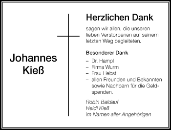 Traueranzeige von Johannes Kieß von Der Westallgäuer