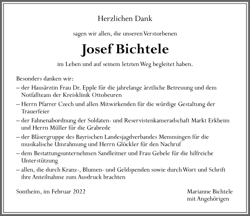  Traueranzeige für Josef Bichtele vom 19.02.2022 aus Memminger Zeitung