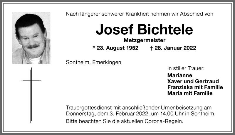  Traueranzeige für Josef Bichtele vom 02.02.2022 aus Memminger Zeitung
