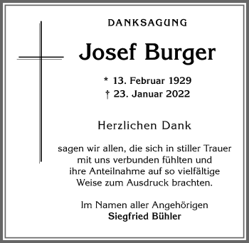 Traueranzeige von Josef Burger von Allgäuer Zeitung,Kempten