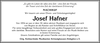 Traueranzeige von Josef Hafner von Memminger Zeitung