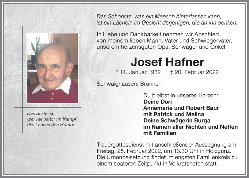  Traueranzeige für Josef Hafner vom 23.02.2022 aus Memminger Zeitung