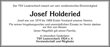 Traueranzeige von Josef Holderied von Allgäuer Zeitung, Marktoberdorf