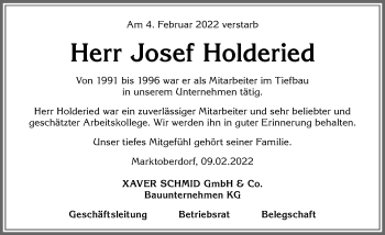 Traueranzeige von Josef Holderied von Allgäuer Zeitung, Marktoberdorf