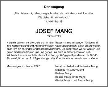 Traueranzeige von Josef Mang von Memminger Zeitung