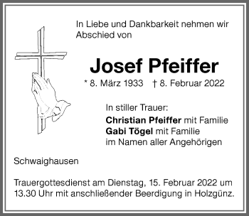 Traueranzeige von Josef Pfeiffer von Memminger Zeitung