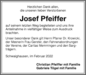 Traueranzeige von Josef Pfeiffer von Memminger Zeitung