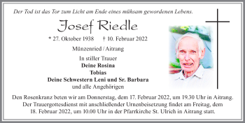 Traueranzeige von Josef Riedle von Allgäuer Zeitung, Marktoberdorf